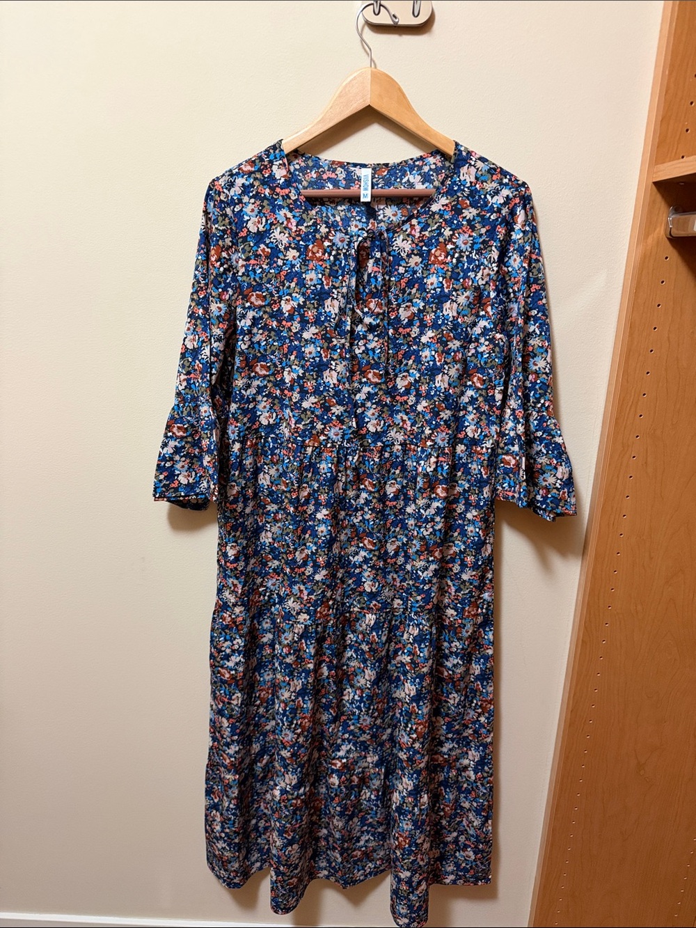 Floral Tie-Front Blue Midi Dress with Tiered Skirt